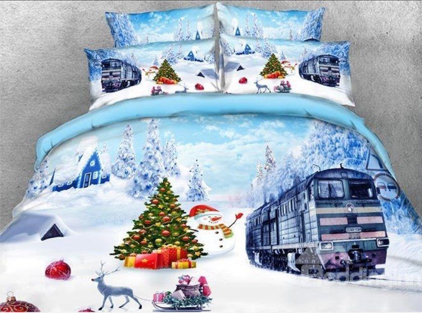 Christmas Snowman And Train Bedding Set