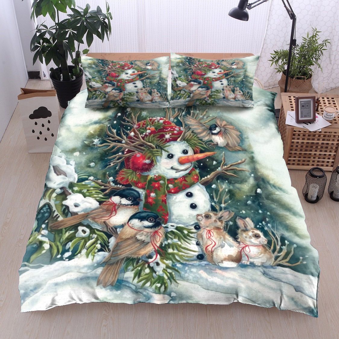 Christmas Snowman Bird And Rabbit Bedding Set