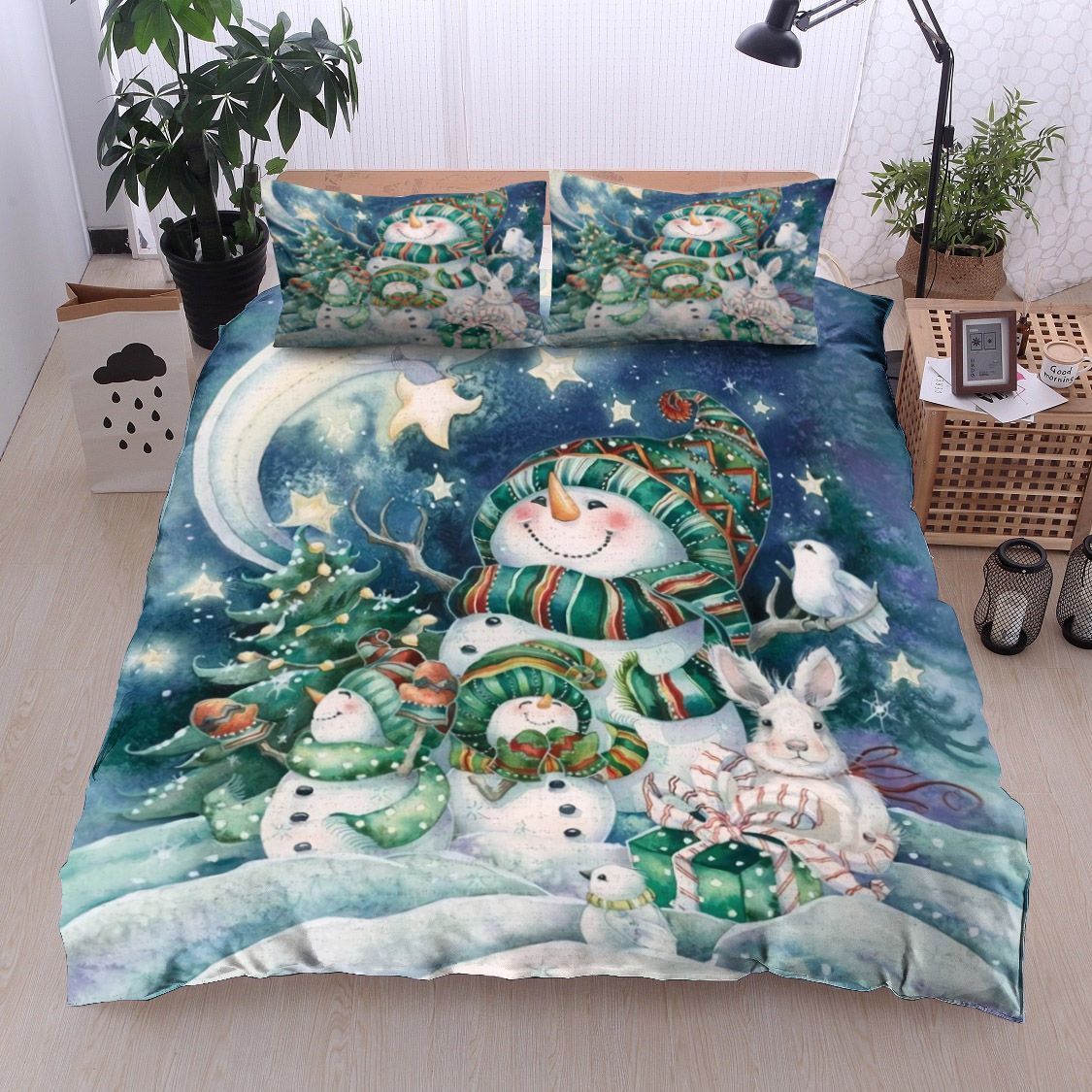 Christmas Snowman Bird And Rabbit Bedding Set