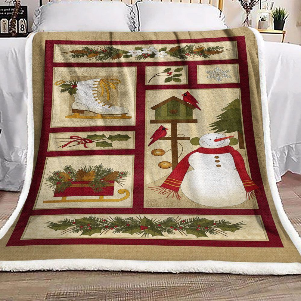 Christmas Snowman Boot Bird Snow Flower Pine Tree Sherpa Fleece Blanket