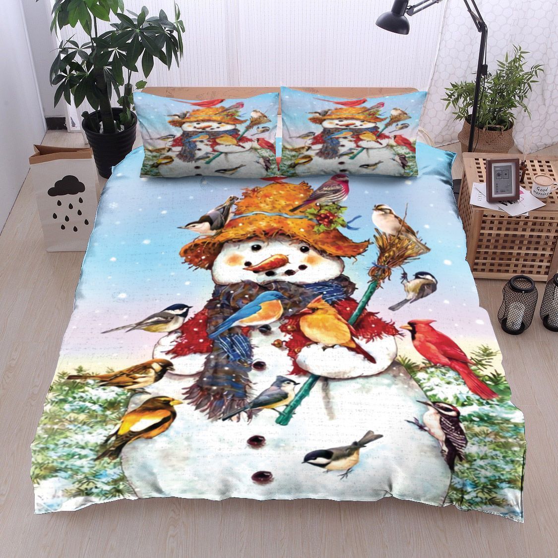 Christmas Snowman Cardinal Bird Bedding Set