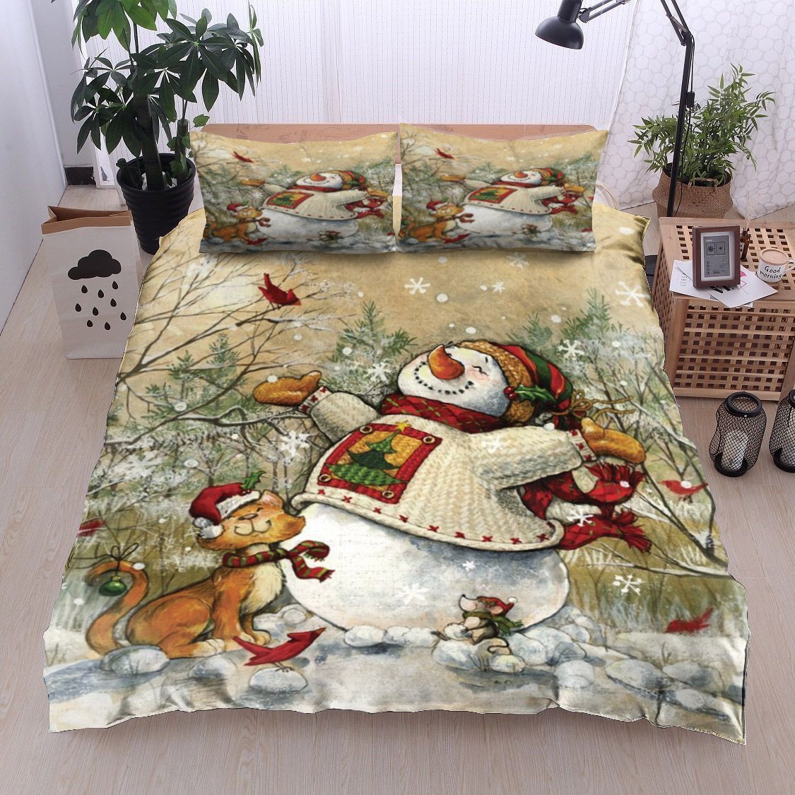Christmas Snowman Cardinal Cat Bedding Set