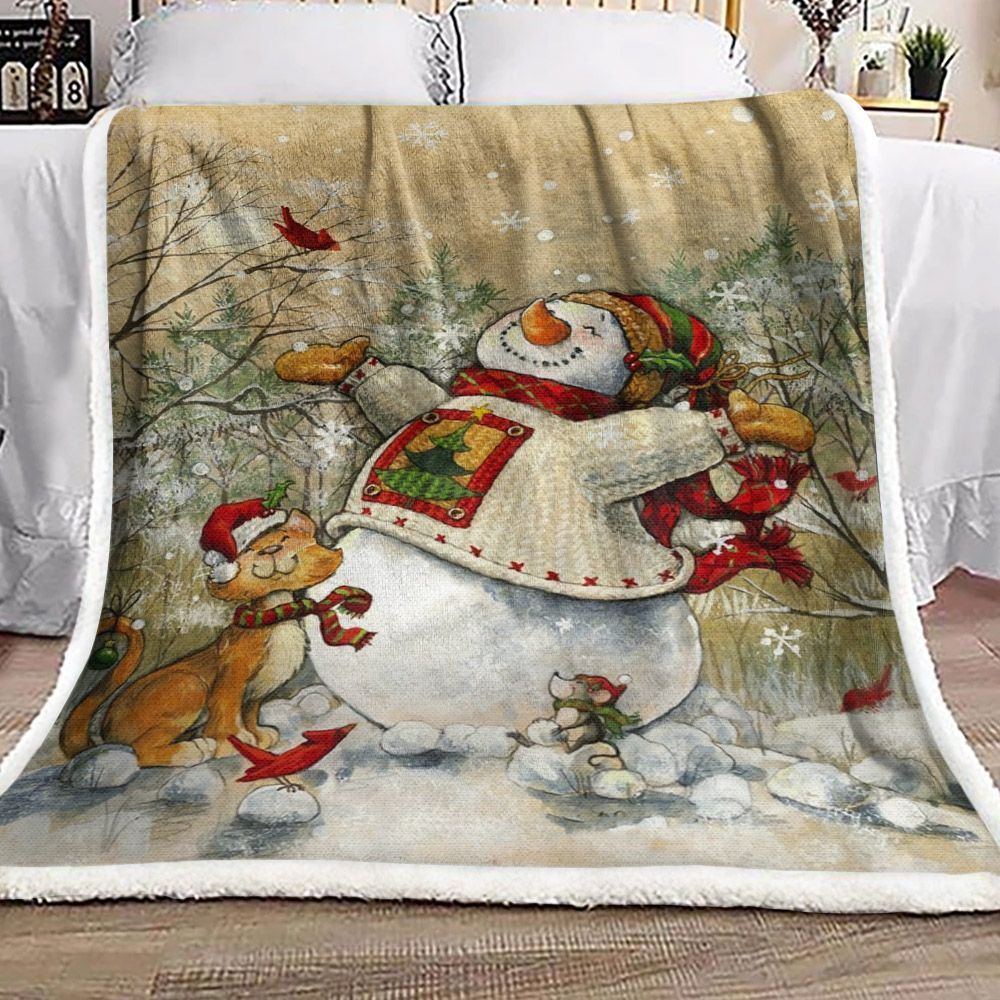 Christmas Snowman Cardinal Cat Sherpa Fleece Blanket