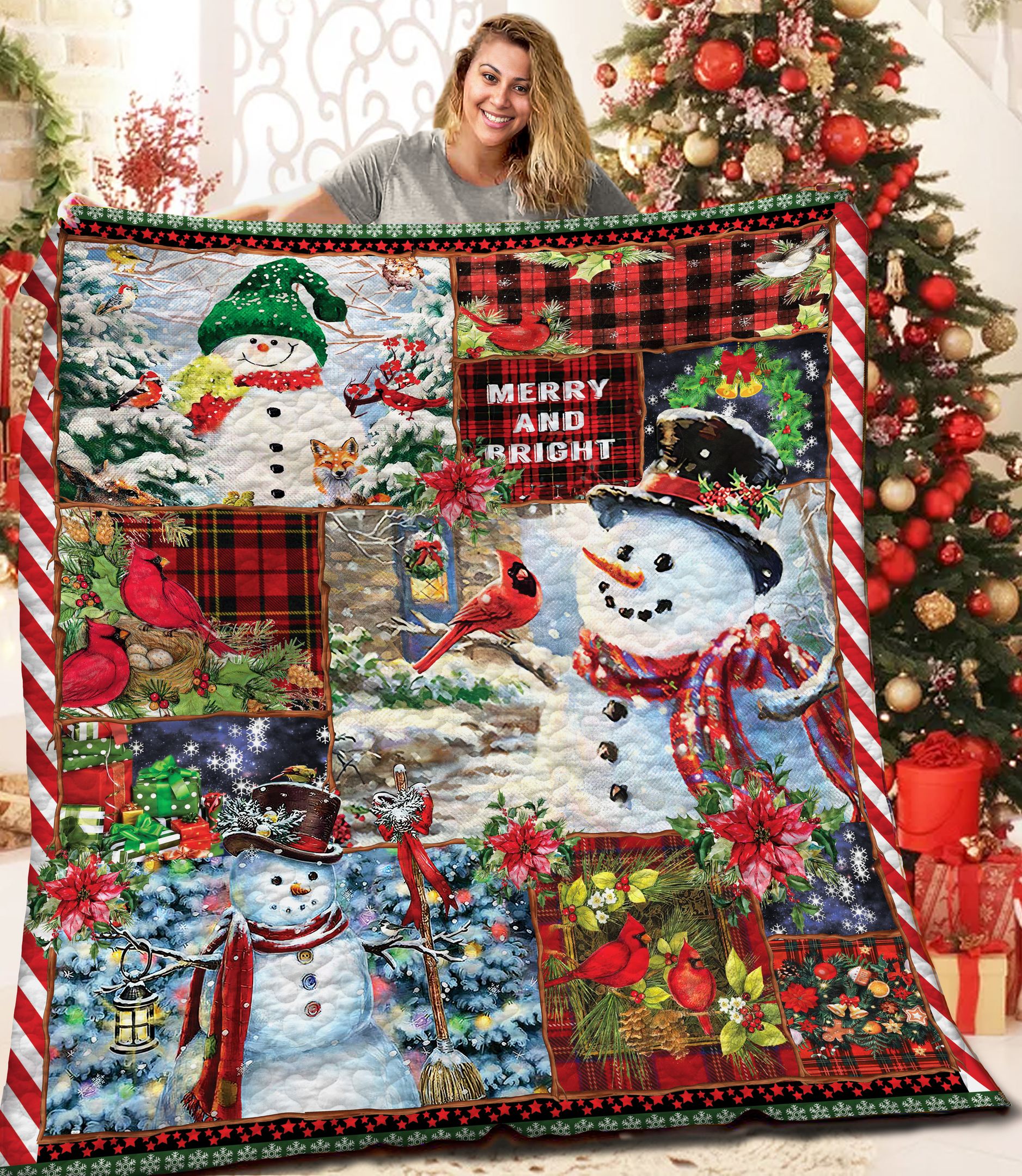 Christmas Snowman Cardinal MMM171058MI Quilt Blanket