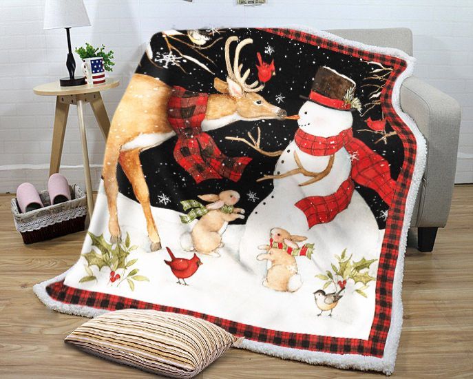 Christmas Snowman With Deer Sherpa Fleece Blanket