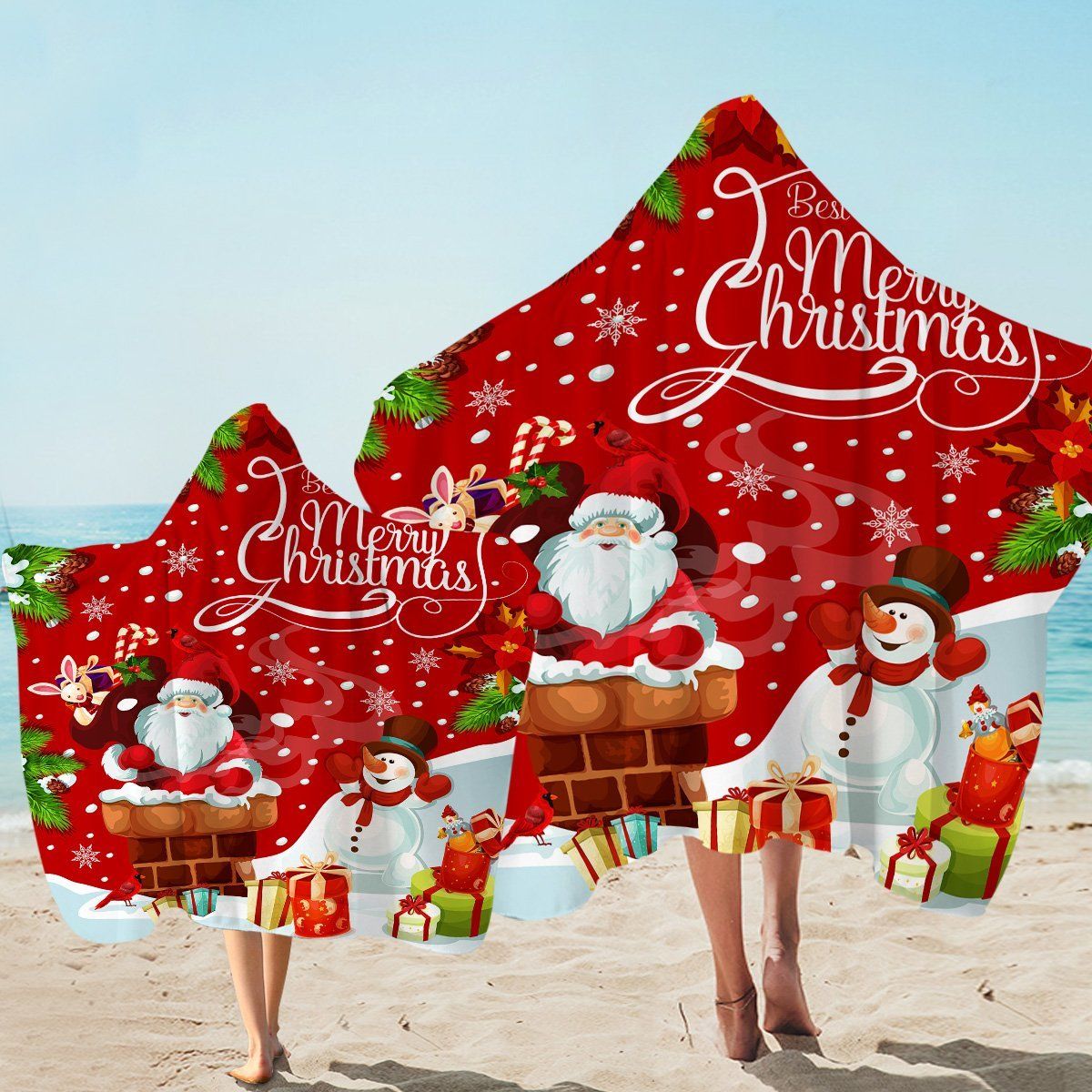 Christmas Themed Red Cute Snowman With Gift Box Printed Hooded Towel