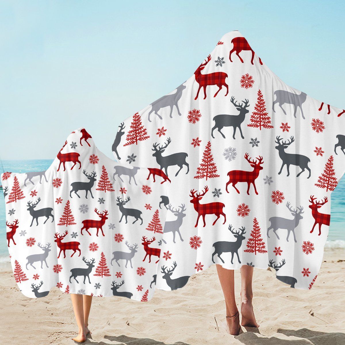 Christmas Themed Snow Pine Tree And Reindeer Printed Hooded Towel