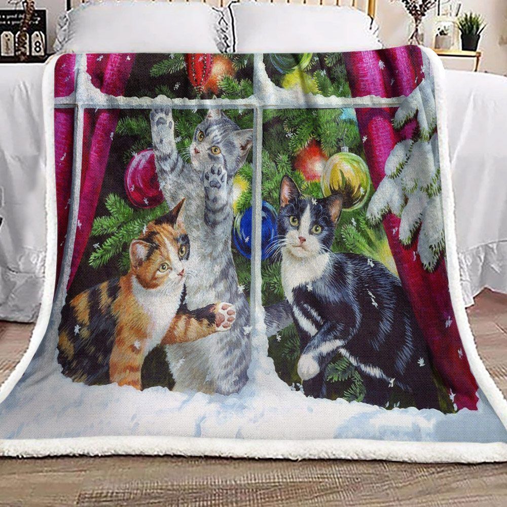 Christmas Three Cats Sherpa Fleece Blanket