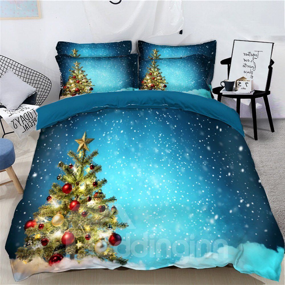 Christmas Tree And Snowflakes Light Blue 3d Bedding Set