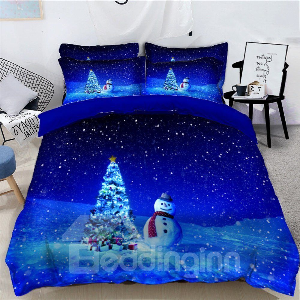 Christmas Tree And Snowman Blue Snowy Night 3d Bedding Set