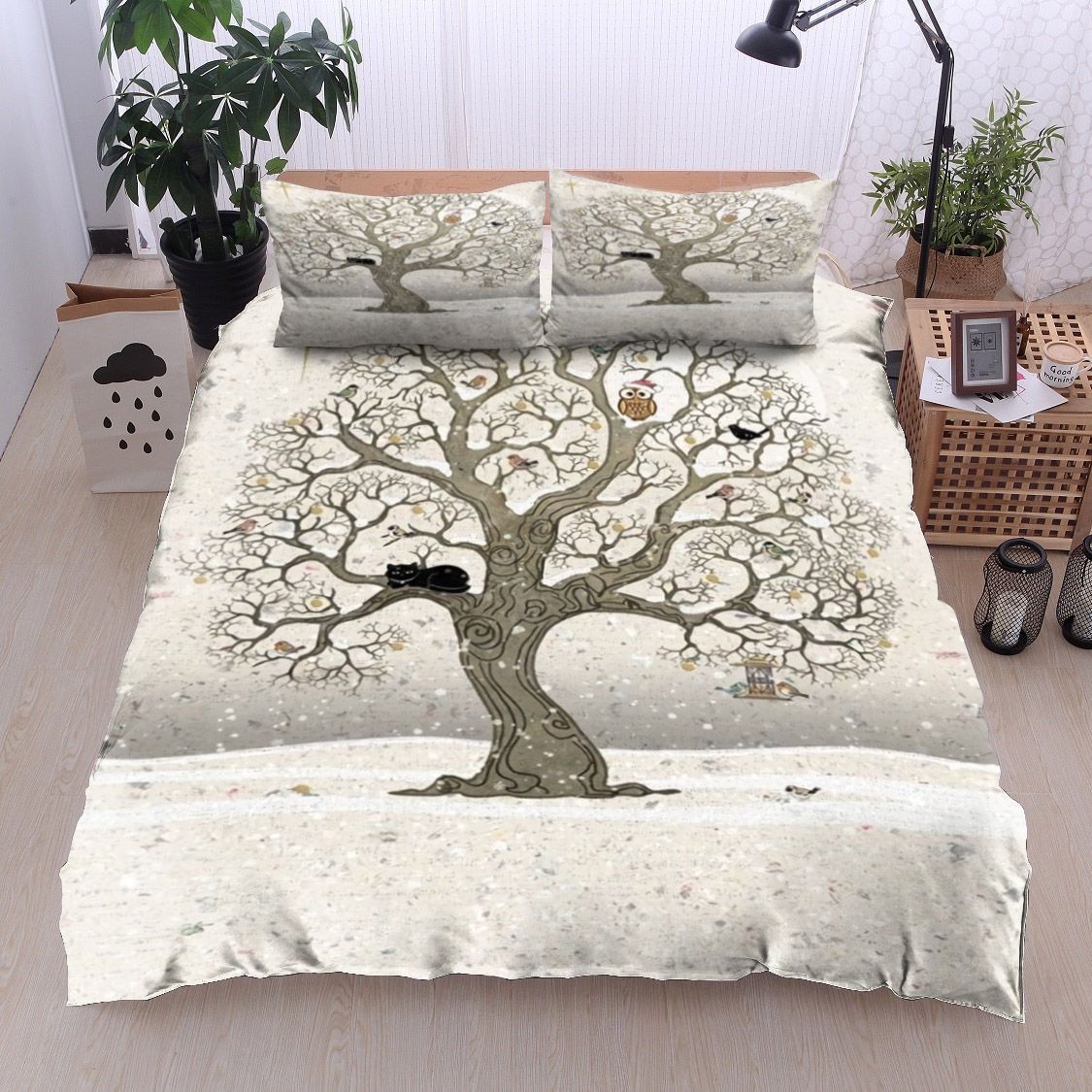 Christmas Tree Black Cat Owl Bird Snow Bedding Set