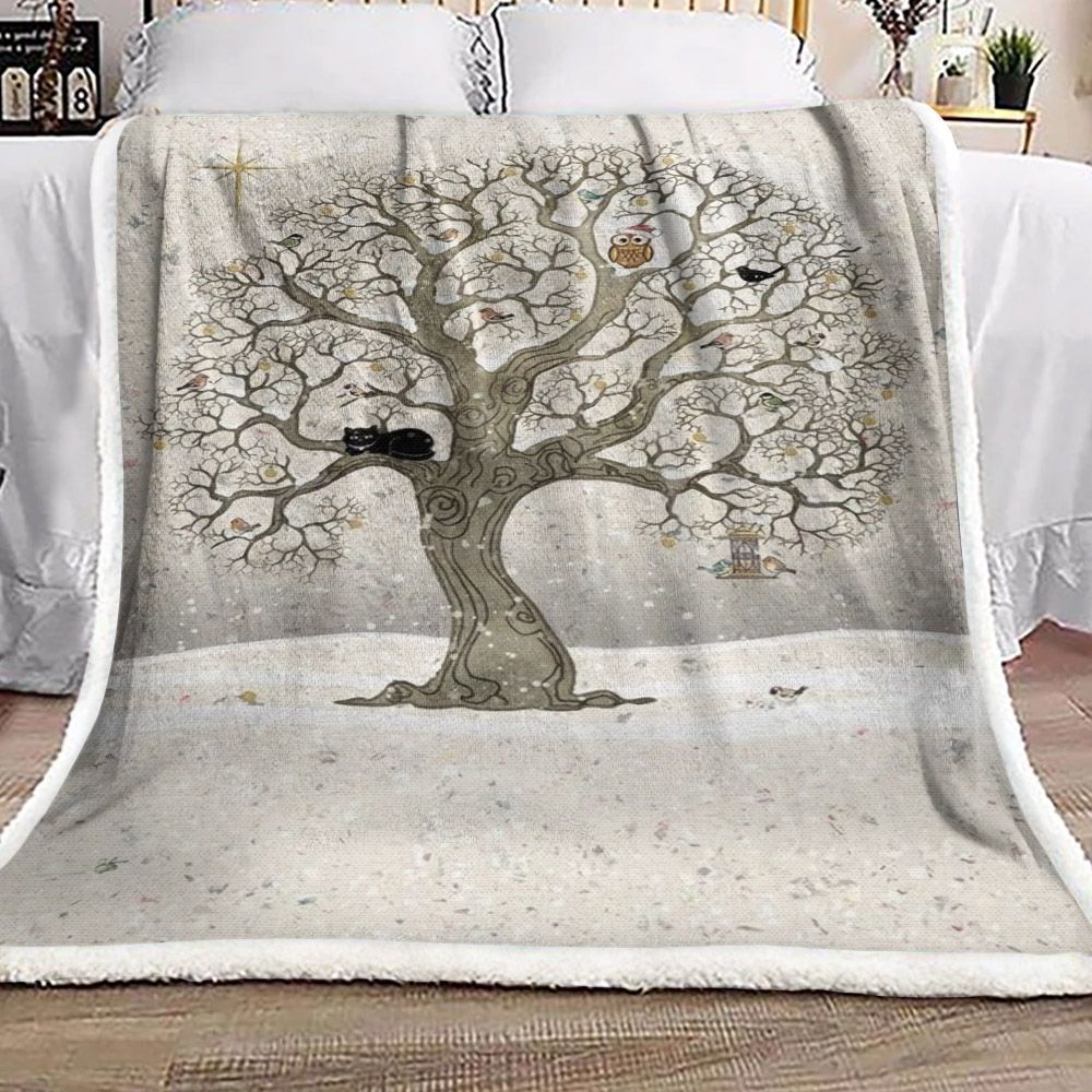 Christmas Tree Black Cat Owl Bird Snow Sherpa Fleece Blanket