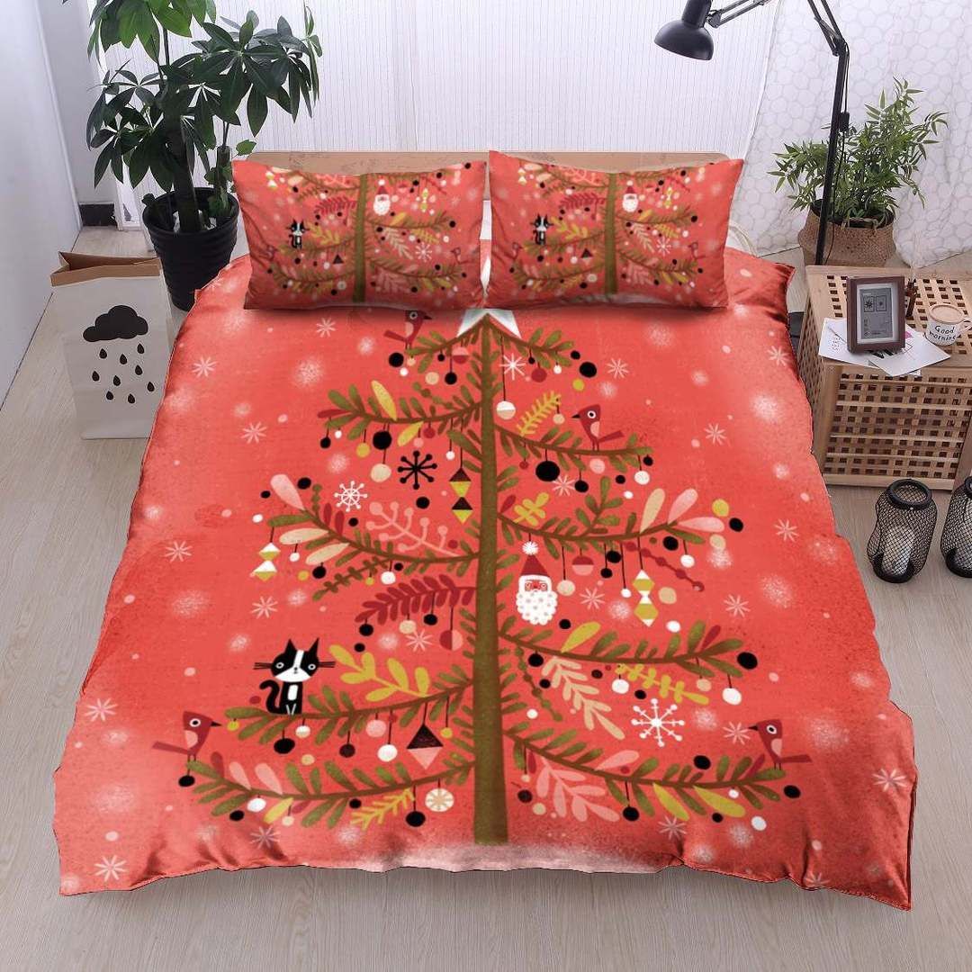 Christmas Tree Cat And Cardinal Bedding Set