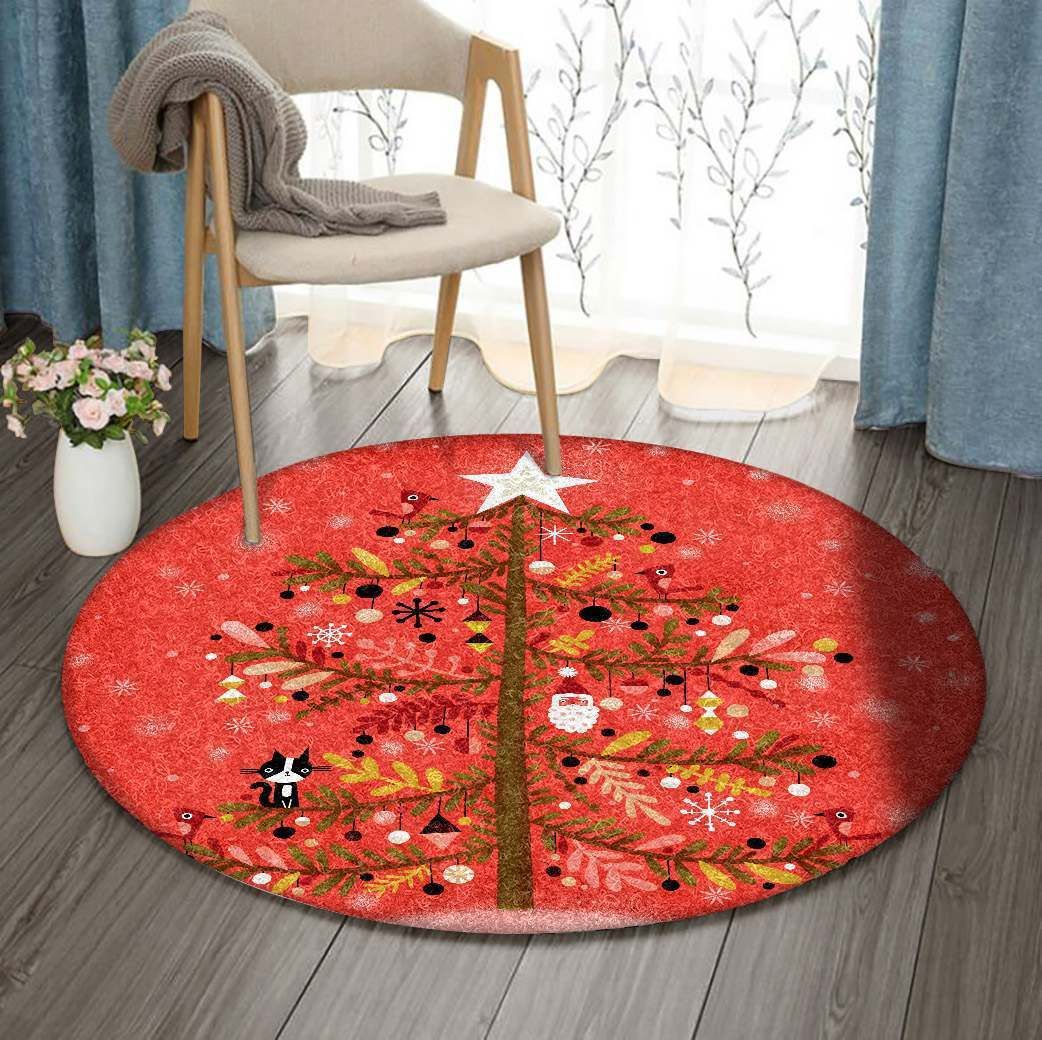 Christmas Tree Cat And Cardinal Round Carpet