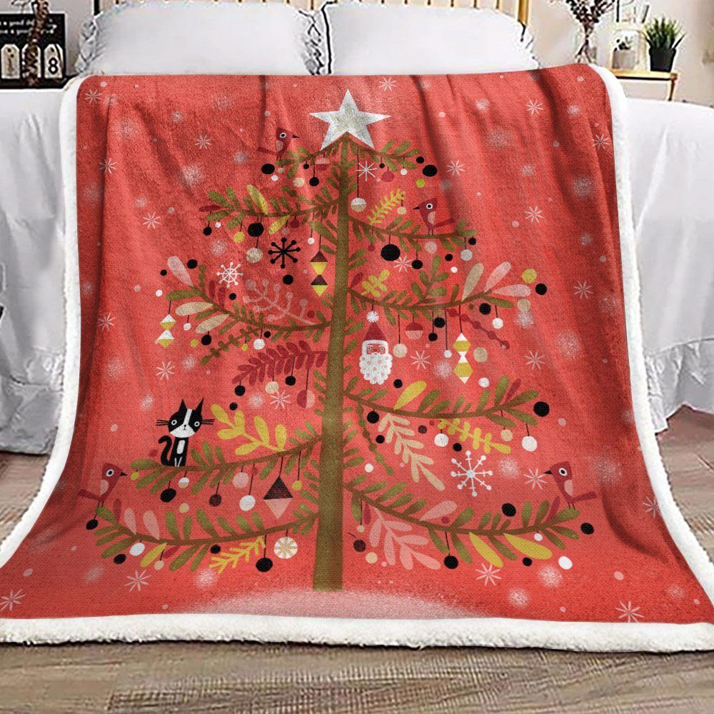 Christmas Tree Cat And Cardinal Sherpa Fleece Blanket