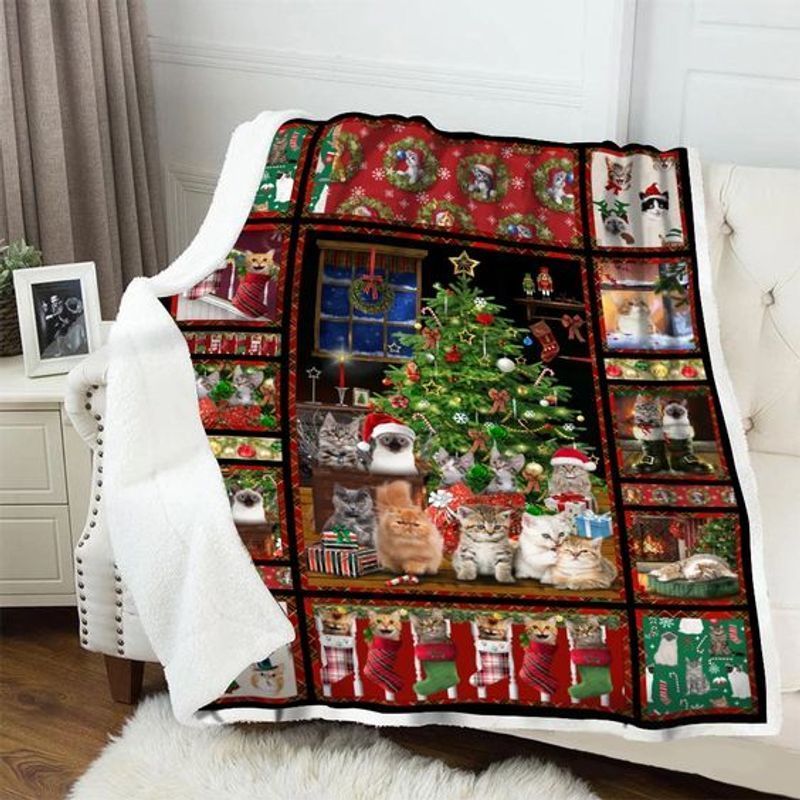 Christmas Tree Cats Sherpa Fleece Blanket