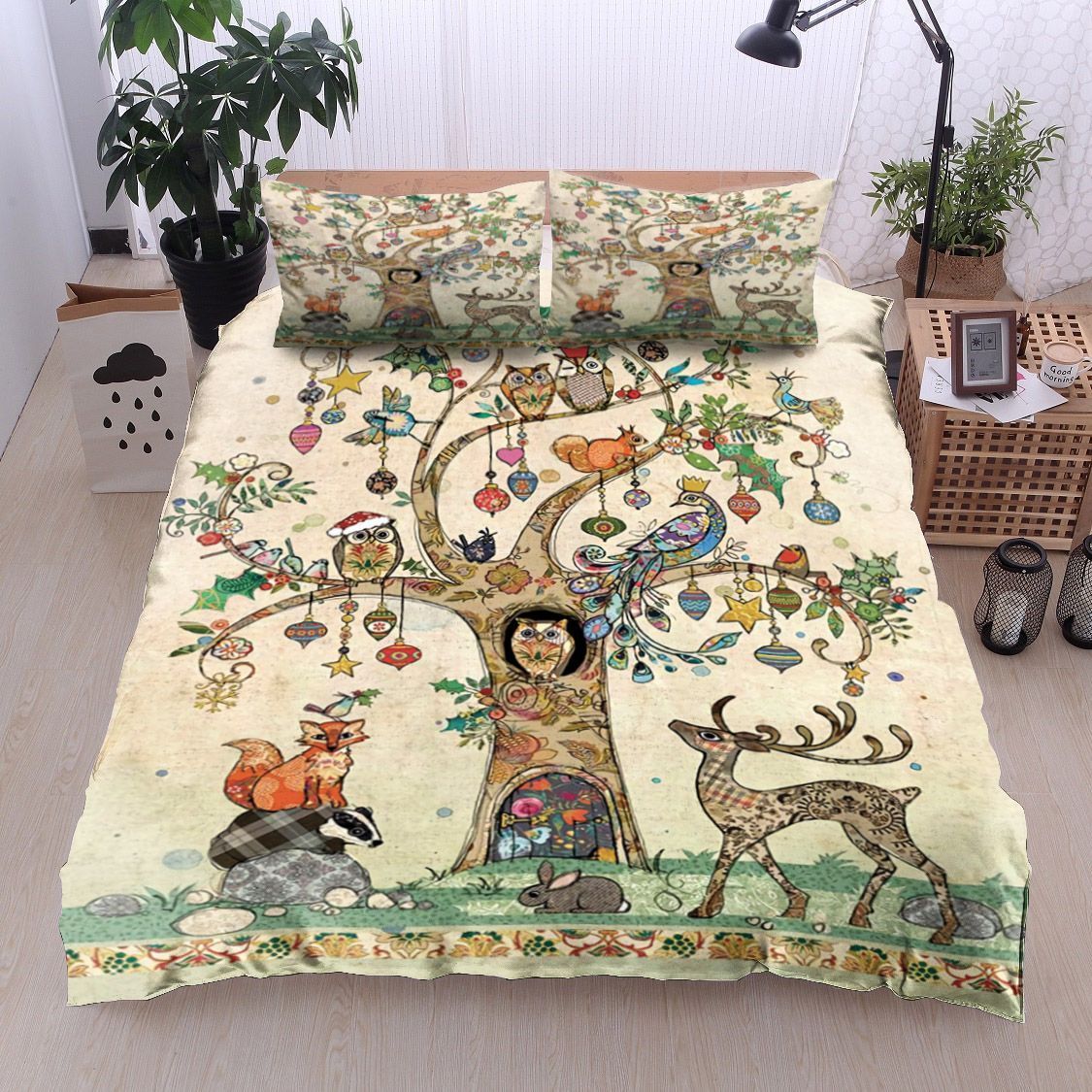 Christmas Tree Deer Owl Rabbit Fox Bird Peacock Bedding Set