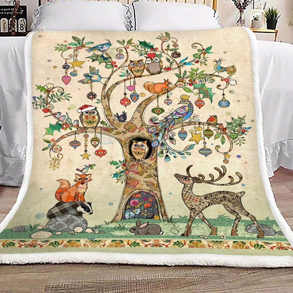 Christmas Tree Deer Owl Rabbit Fox Bird Peacock Sherpa Fleece Blanket