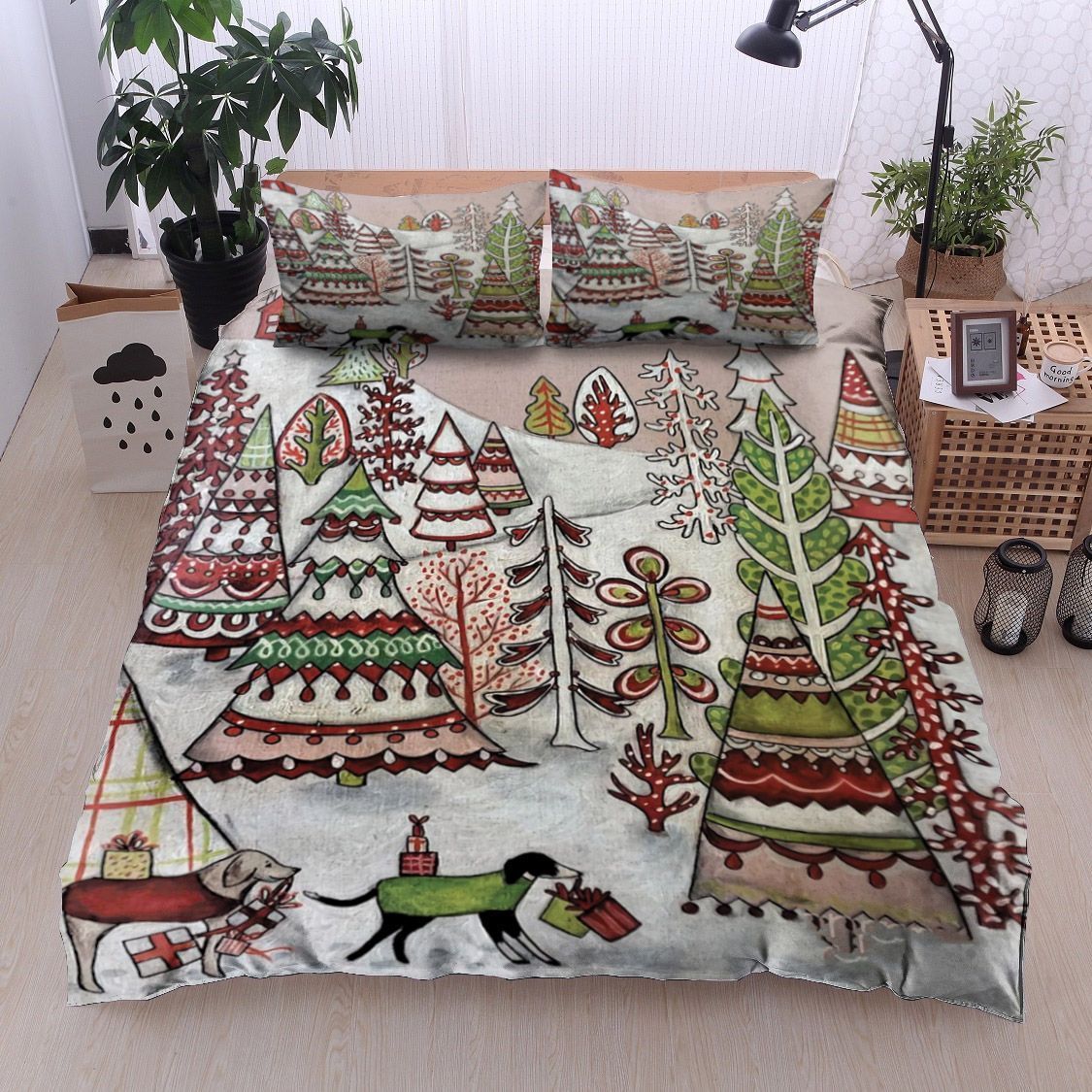 Christmas Tree Dog Snow Bedding Set