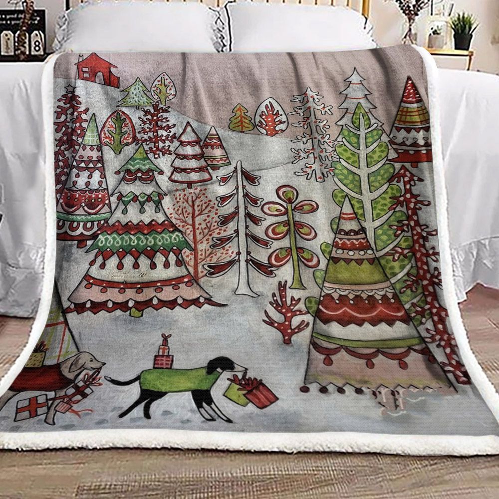 Christmas Tree Dog Snow Sherpa Fleece Blanket