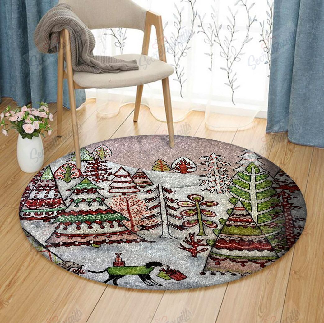 Christmas Tree Dog Snow Round Carpet