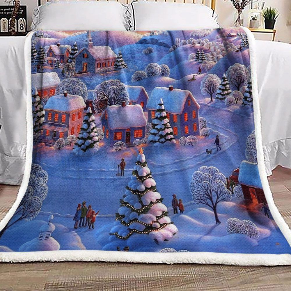 Christmas Tree In Village Sherpa Fleece Blanket