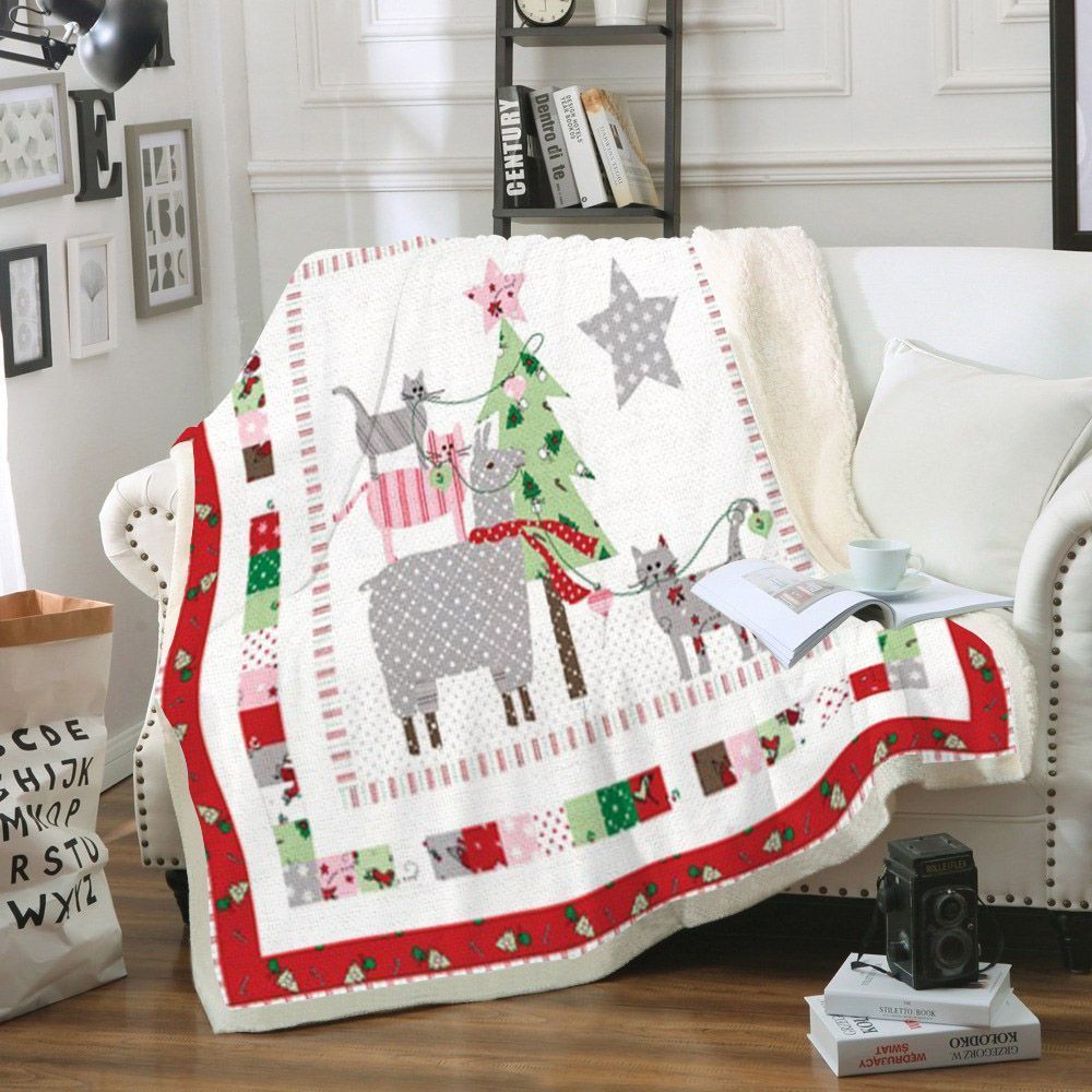 Christmas Tree Llama Cat Sherpa Fleece Blanket