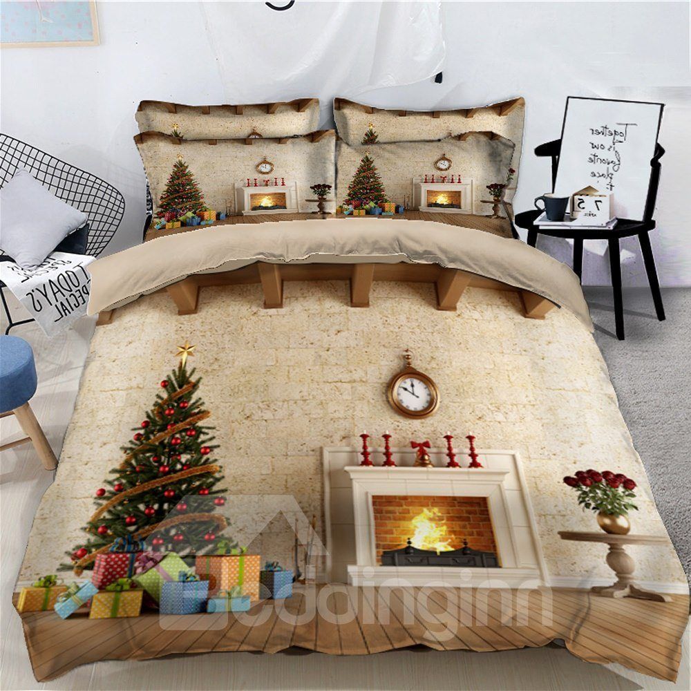 Christmas Tree With Bow And Stove Bedding Set