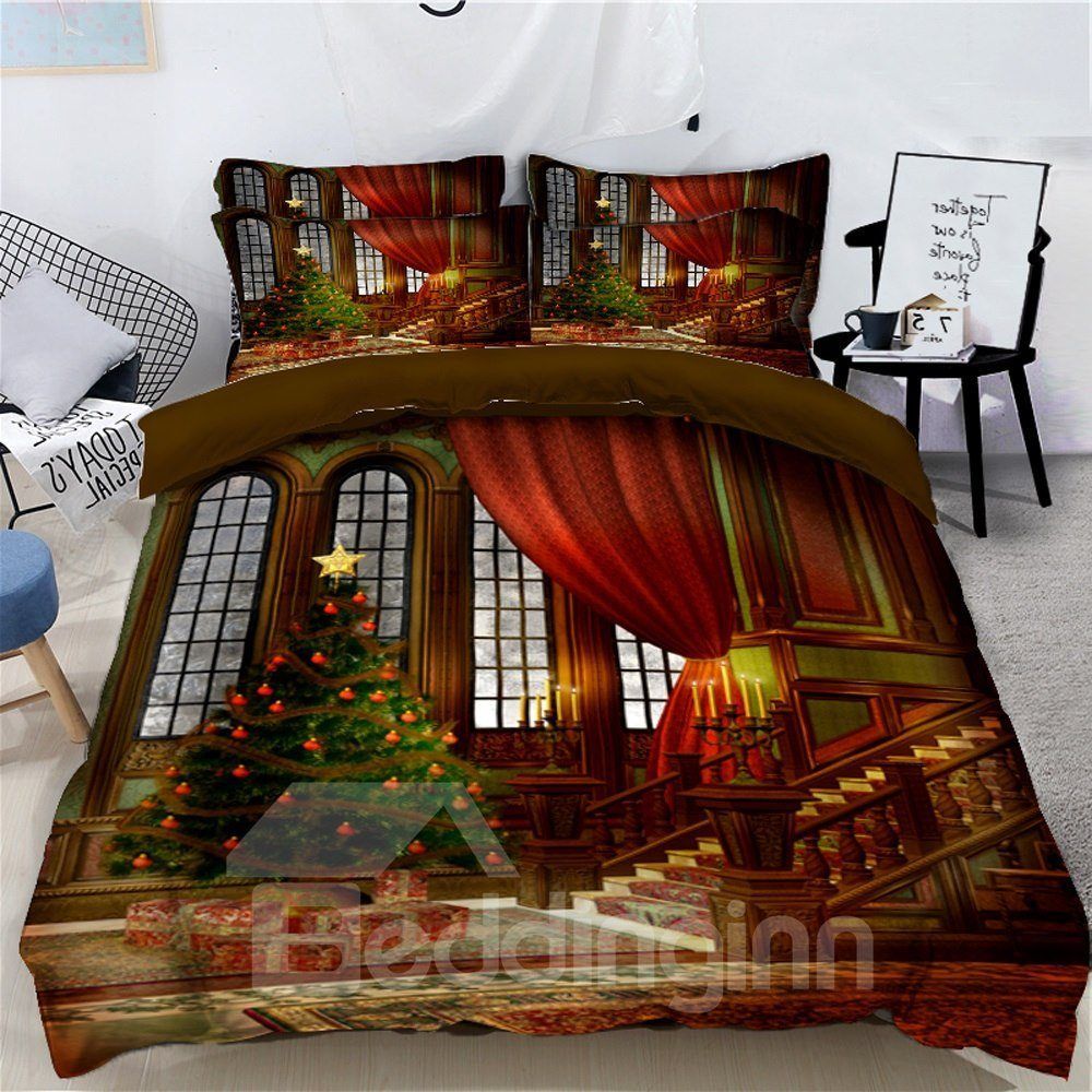 Christmas Tree With Decorations And Stove Bedding Set