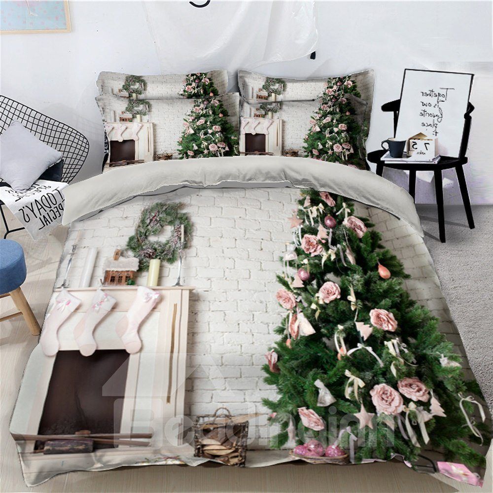 Christmas Tree With Rose And Stove Bedding Set