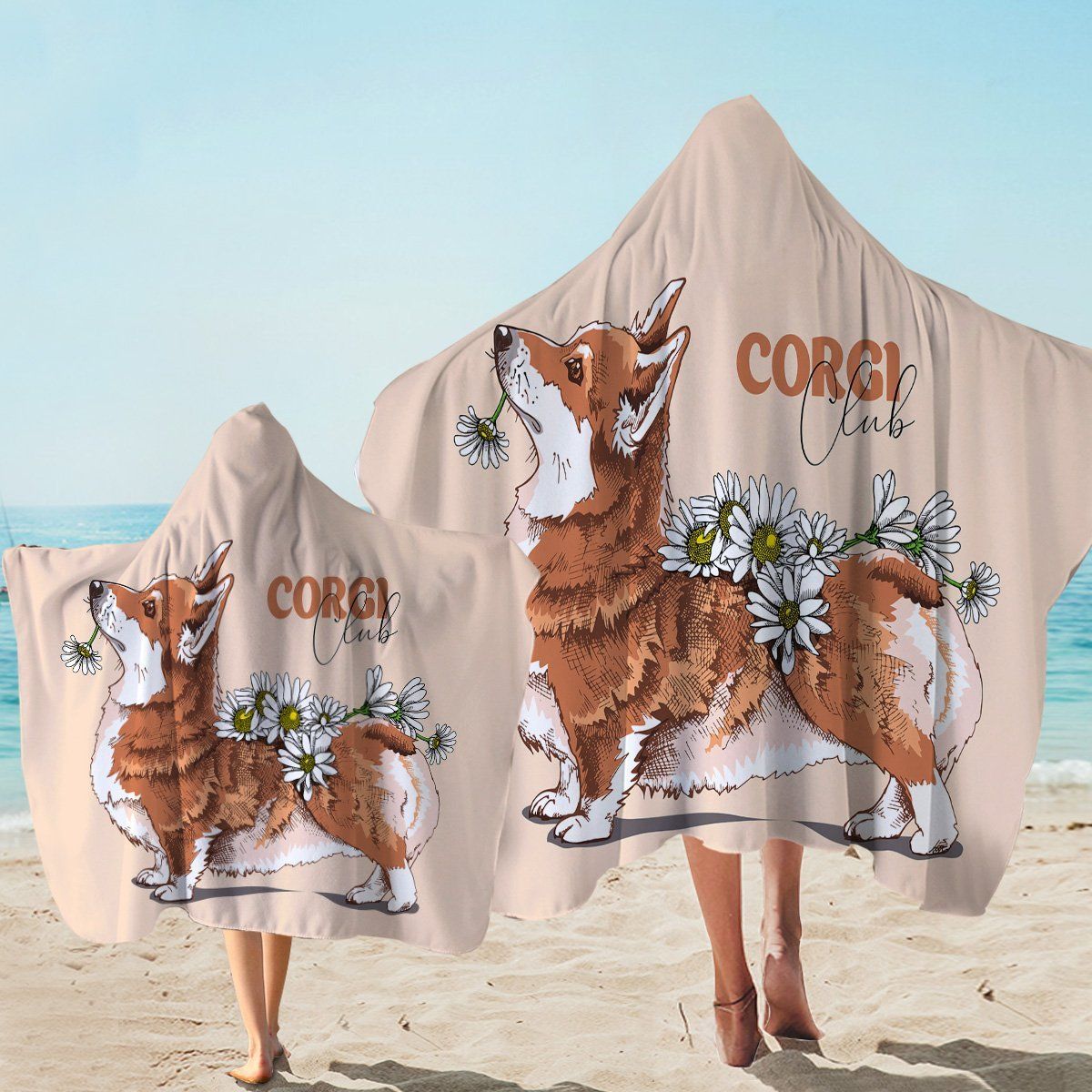 Chubby Corgi With Daisy Flowers Printed Hooded Towel