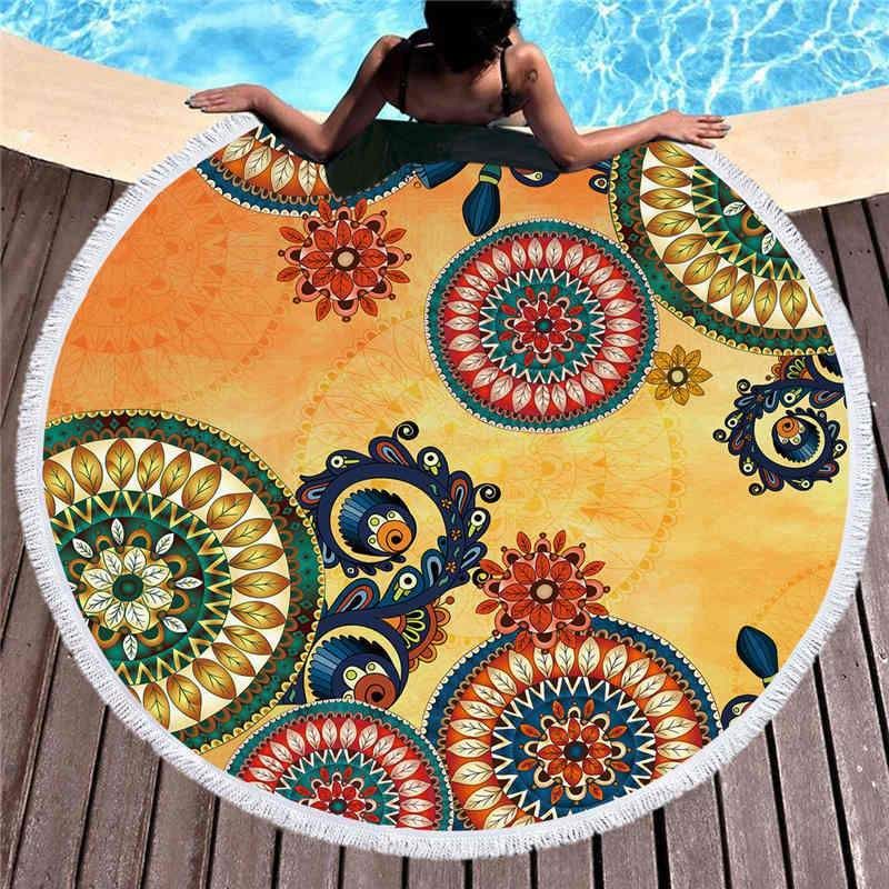 Circle Of Flowers Khaki Backdrop Round Beach Towel