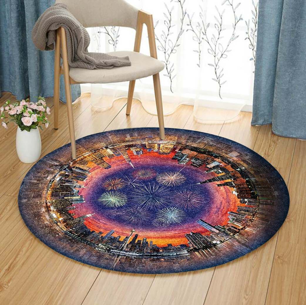 City And Fireworks Round Carpet