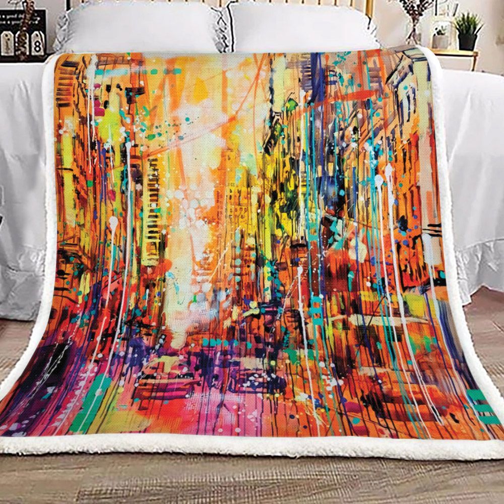 City Behind The Colorful Painting Sherpa Fleece Blanket