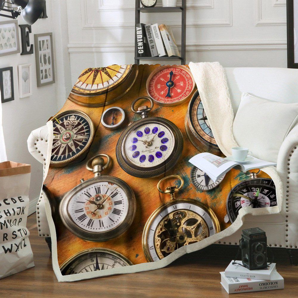 Clock And Compass Sherpa Fleece Blanket