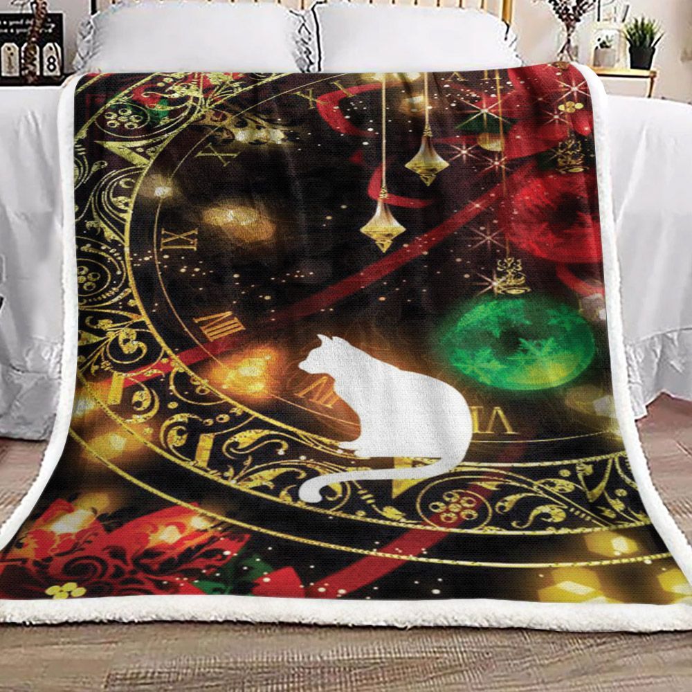Clock Cat Time Sherpa Fleece Blanket