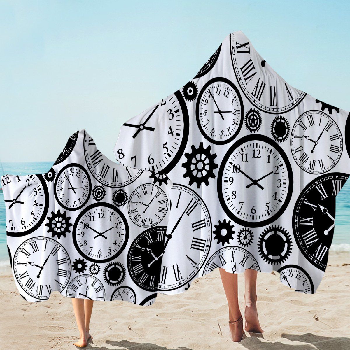 Clock Collection Black And White Printed Hooded Towel