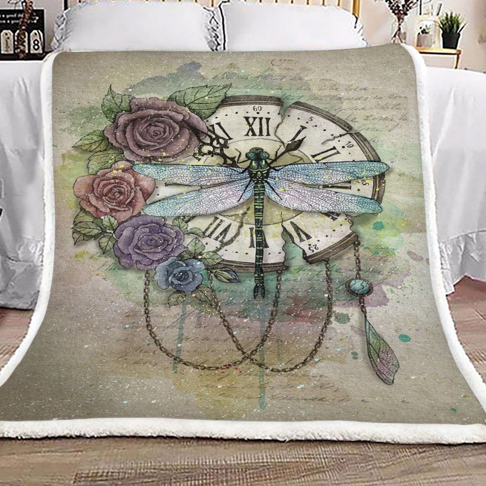 Clock Dragonfly Sherpa Fleece Blanket