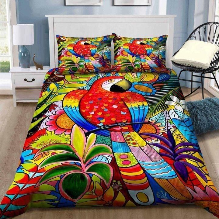 Clourful Parrot In Forest Drawing  Bedding Set