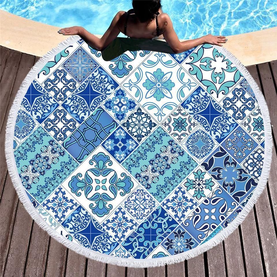 Coastal Mosaic Patchwork Printed Round Beach Towel