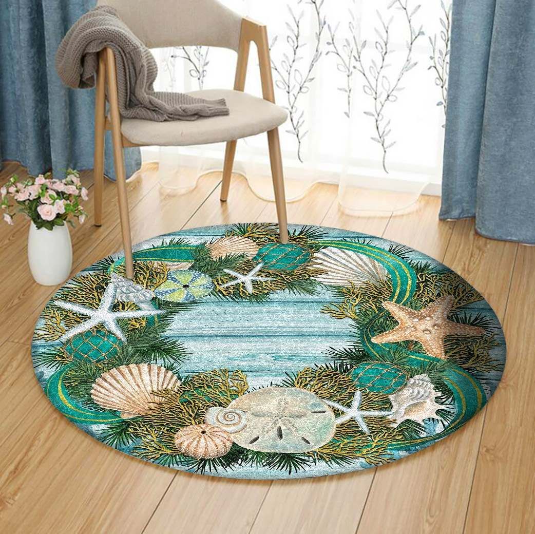 Coastal Wreath Merry Christmas Garden Round Carpet