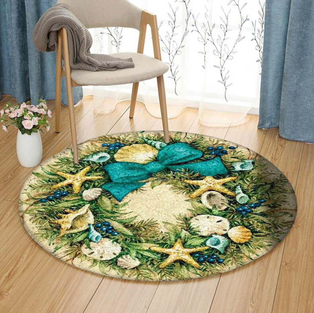 Coastal Wreath Merry Christmas Garden Round Carpet