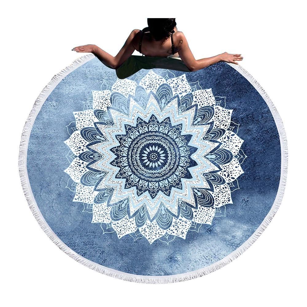Cobalt Blue Mandala Printed Round Beach Towel