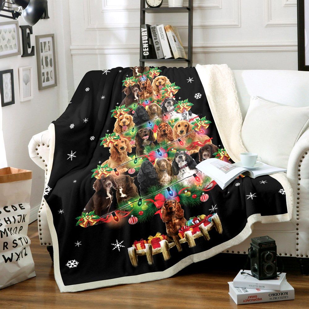 Cocker Spaniel Dog Christmas Tree Sherpa Fleece Blanket