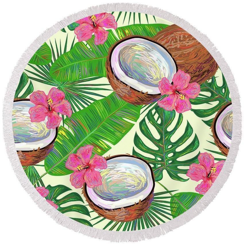 Coconut And Green Tropical Leaves Printed Round Beach Towel