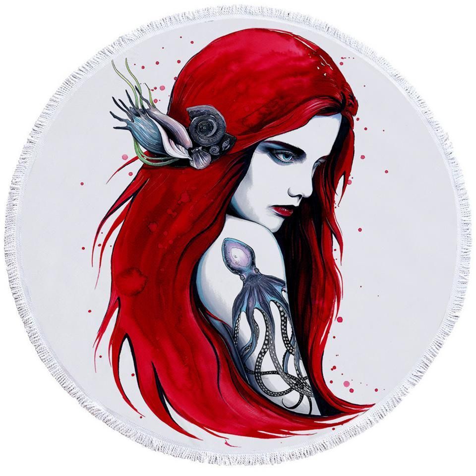 Cold Mermaid With Octopus Tattooed Printed Round Beach Towel