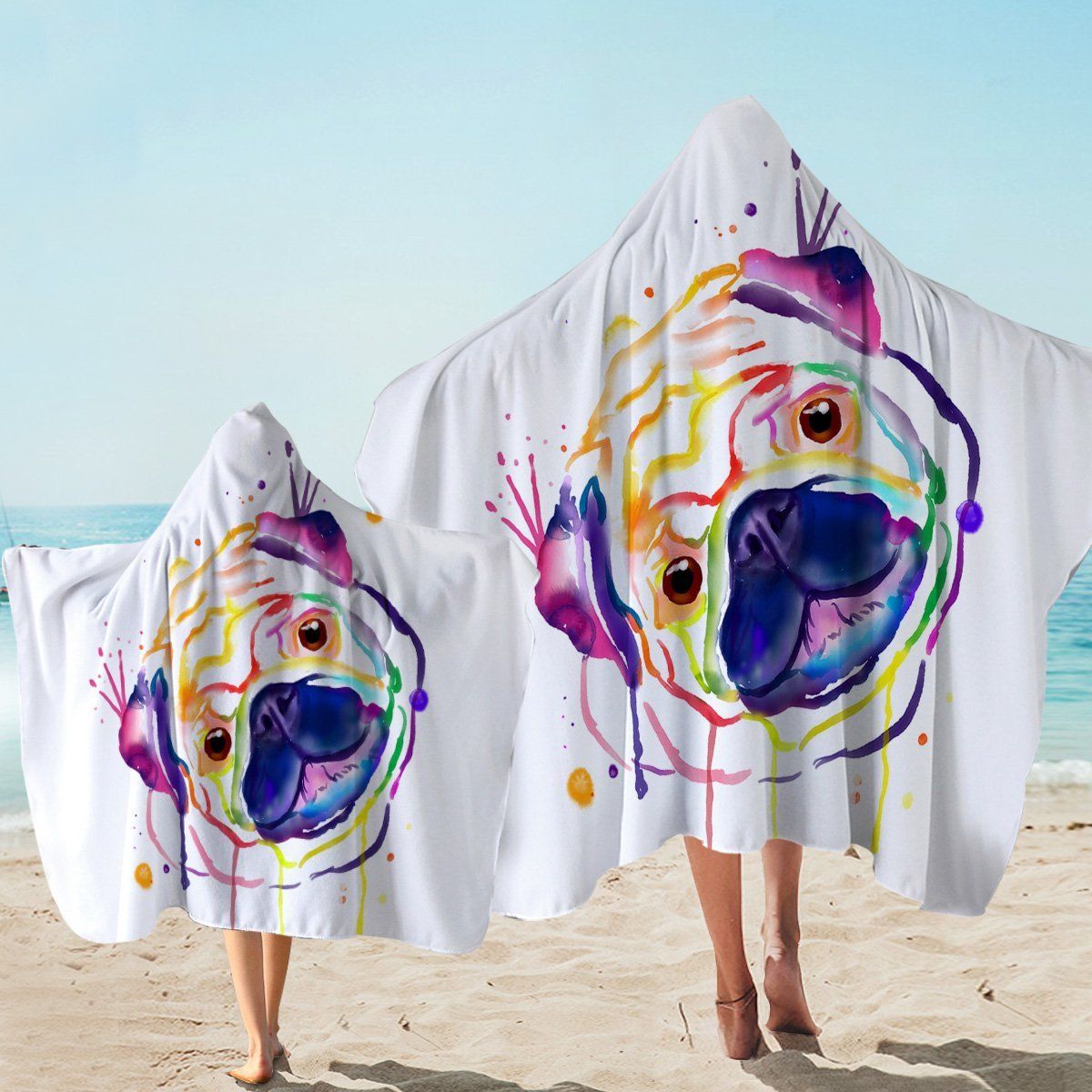Color Drip Pug On White Printed Hooded Towel