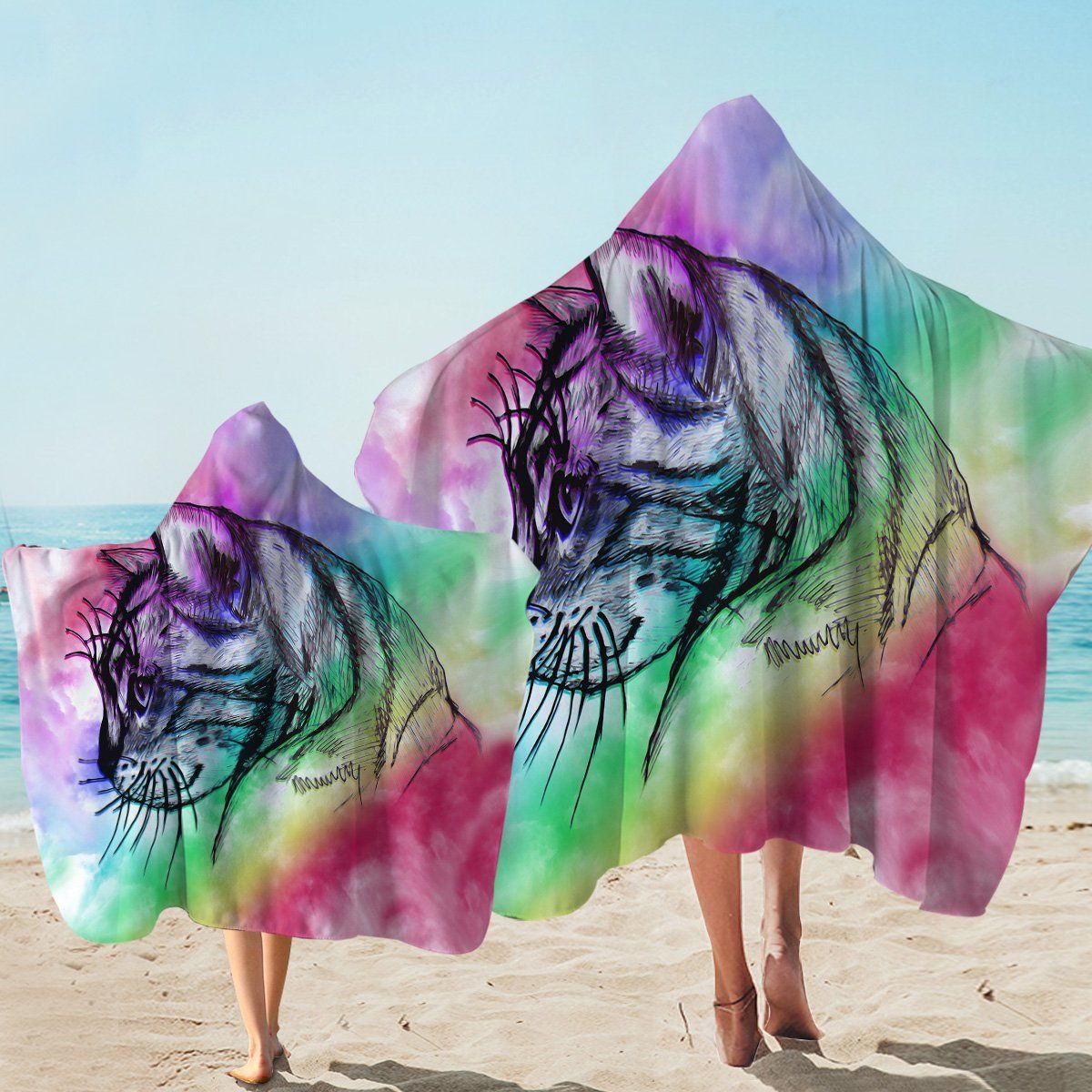 Color Kitty Sketch Printed Hooded Towel