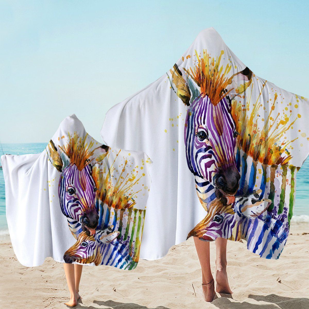 Color Splashed Zebra On White Printed Hooded Towel