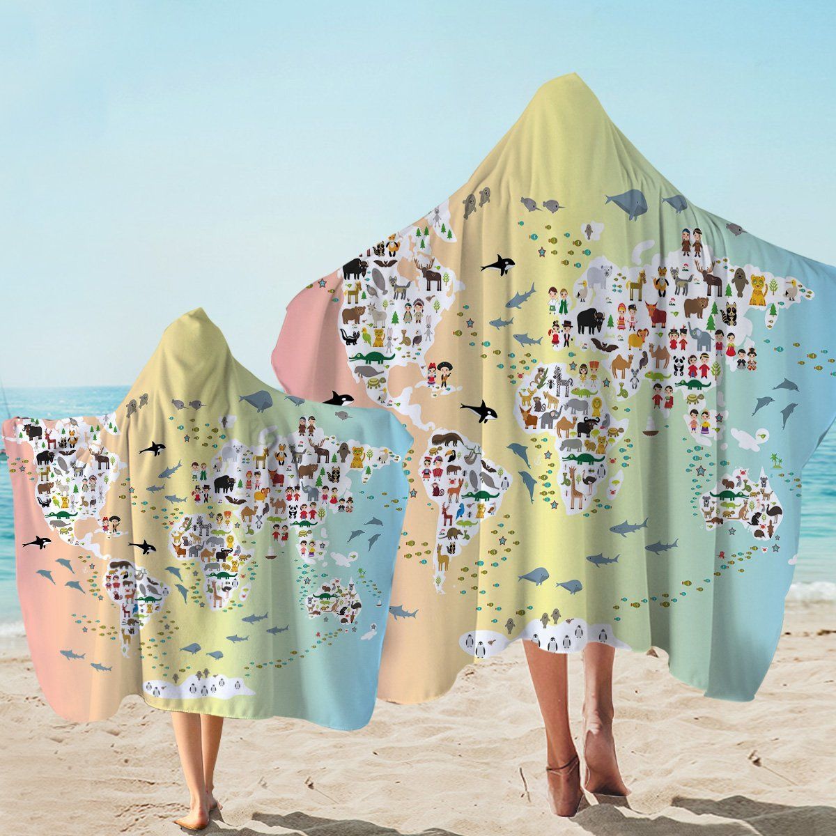 Colored Fauna Population Pattern Printed Hooded Towel